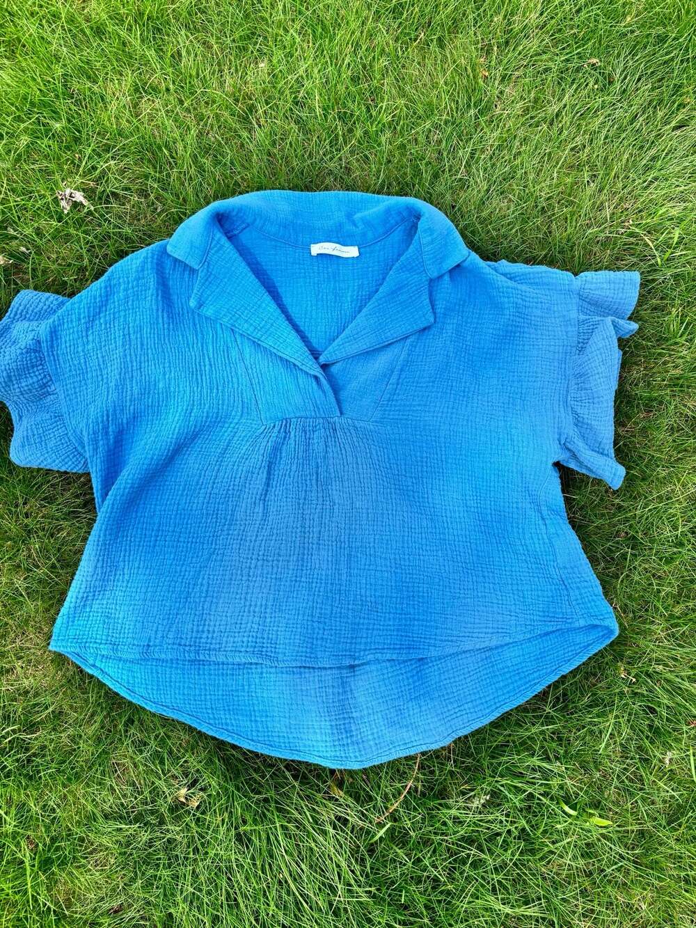 Ces Femme Blue Cotton Gauze Ruffle Sleeve V-Neck Top
